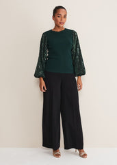 Everley Sequin Sleeve Top Dark Green