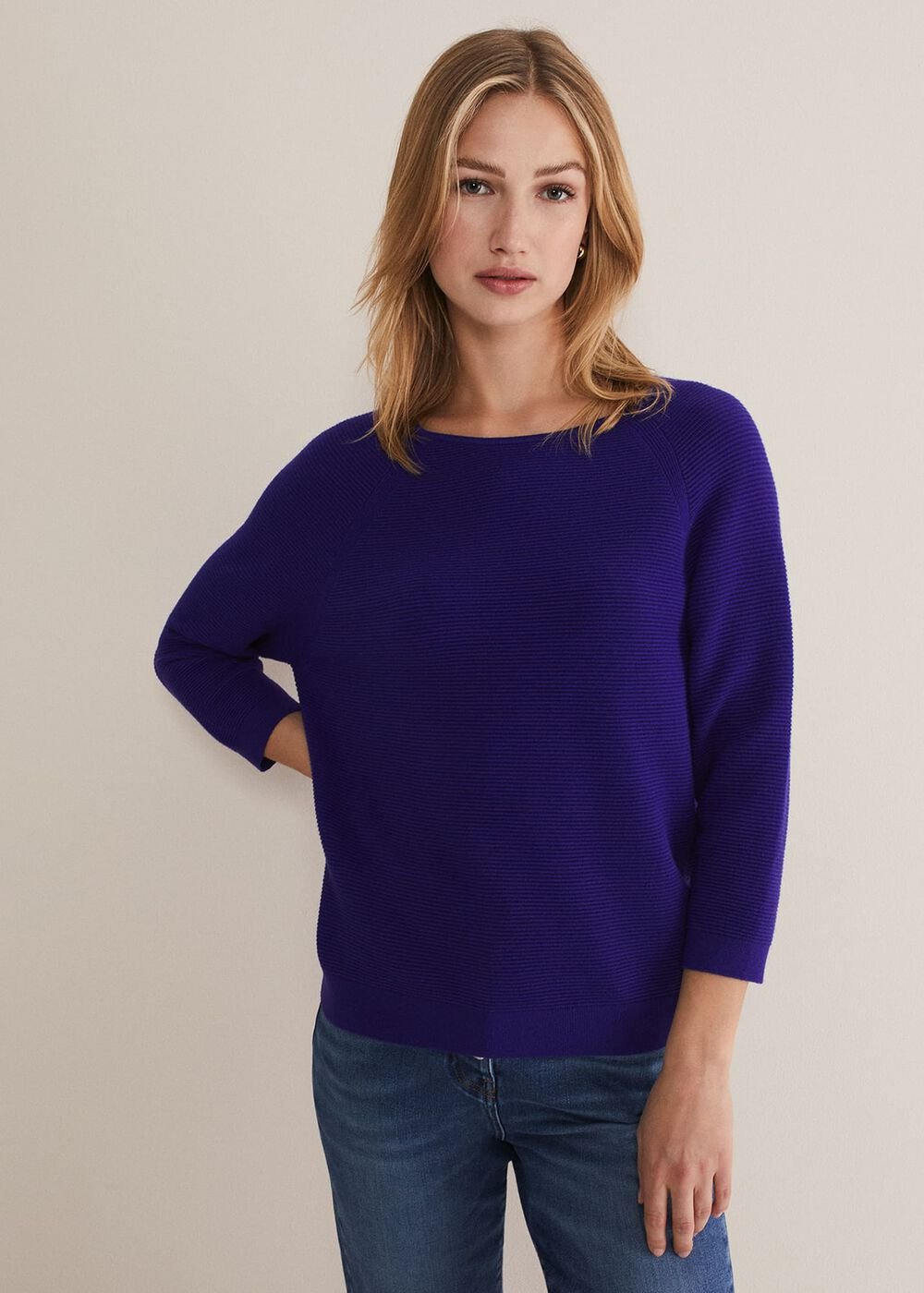 Blue Ribbed Jumper with 3/4 Sleeves & Boat Neckline Purple