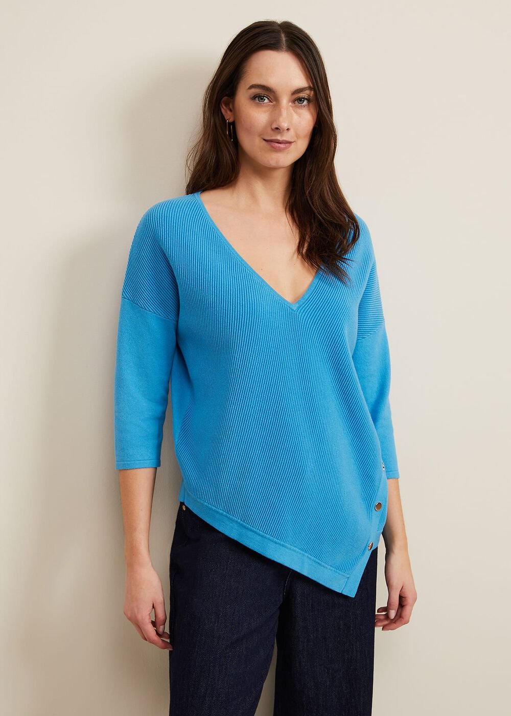 Georgia Ribbed Asymmetric Button Jumper Blue