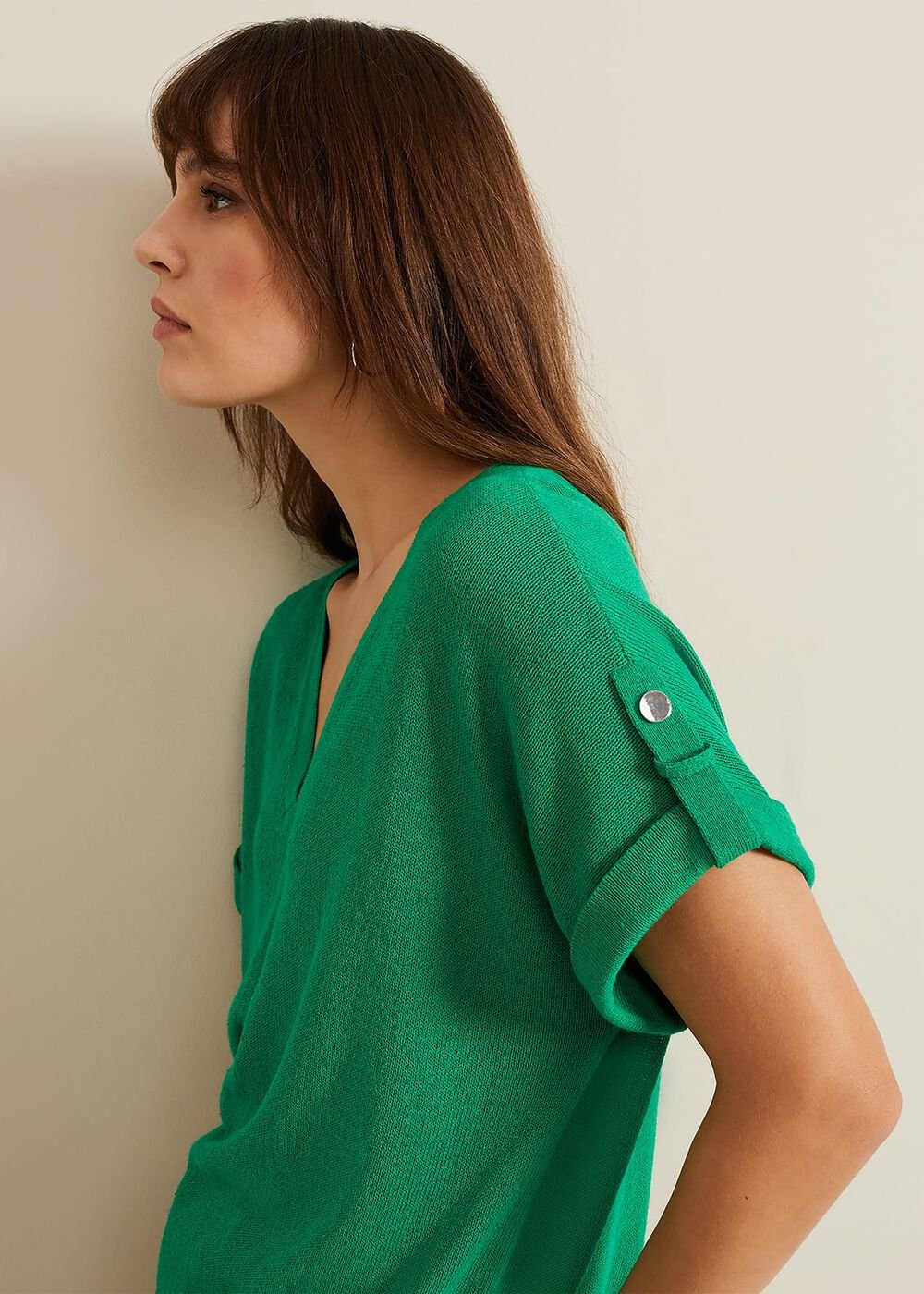 Laura Linen Metal Button Tab Top Green