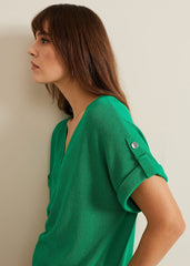 Laura Linen Metal Button Tab Top Green