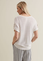 Laura Linen Metal Button Tab Top White