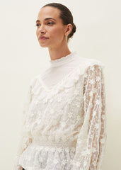 Coralina Embroidered Frill Blouse Oyster