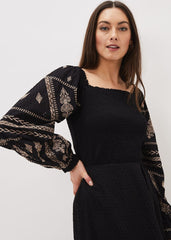 Debby Shirred Embroidered Blouse Black