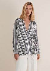 Dalila Striped Wrap Blouse Carbon/Ivory