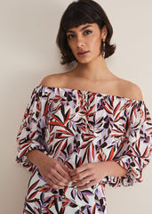 Tona Leaf Print Bardot Top Multi-Coloured