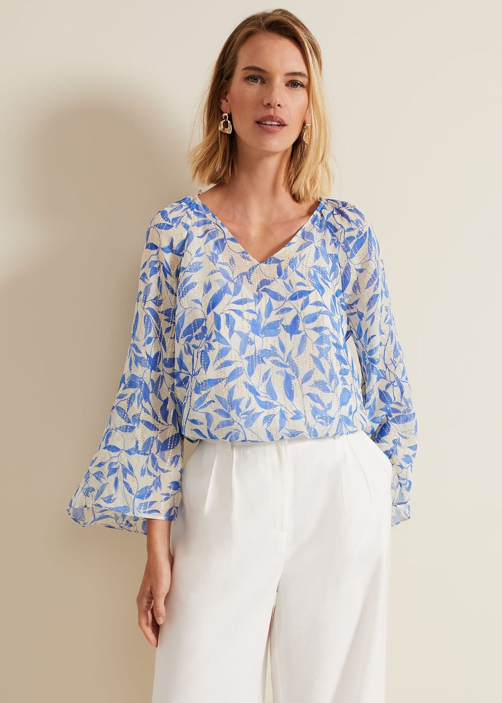Simi Leaf Print Filcoupe Blouse Blue