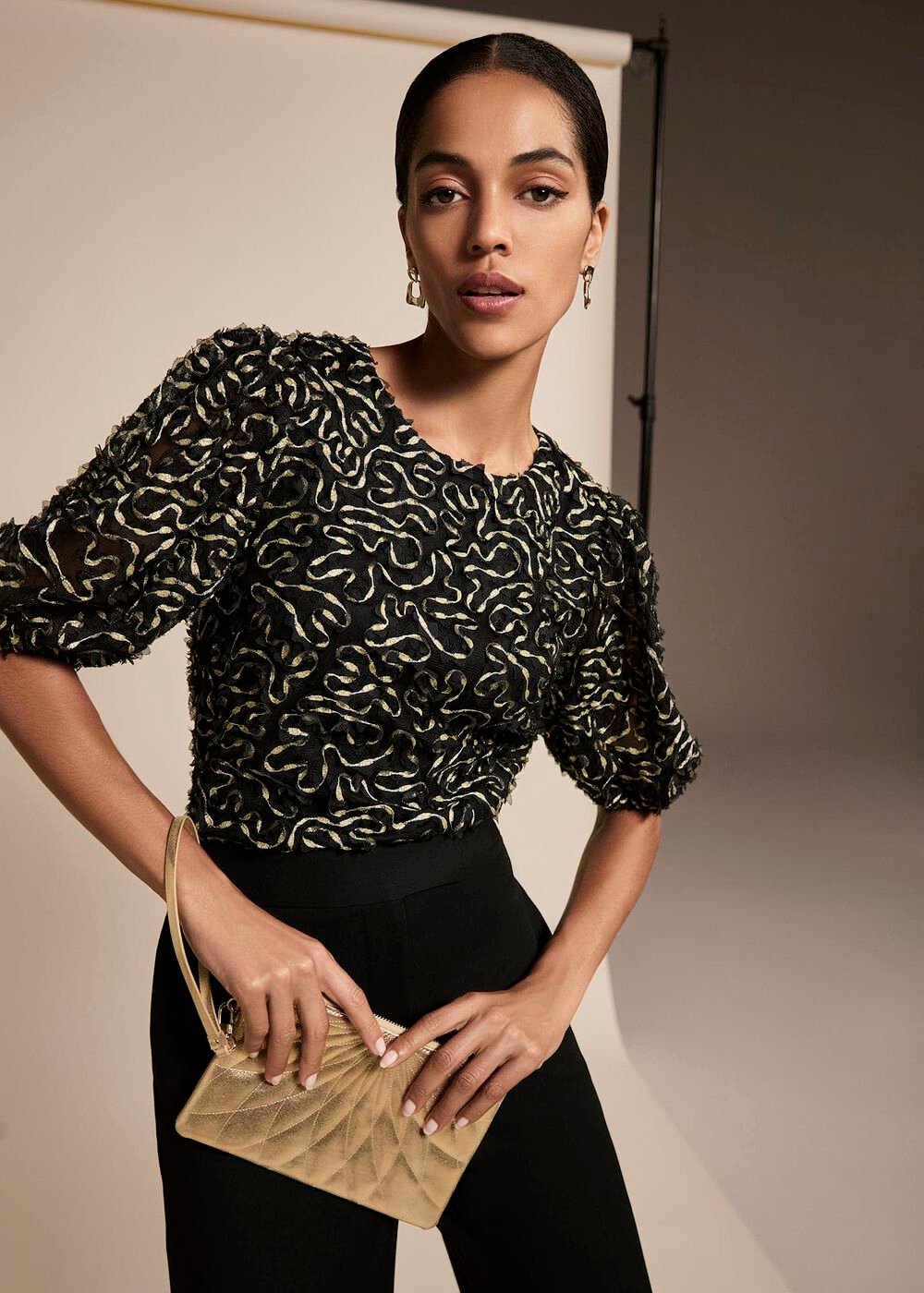 Ariella Textured Blouson Sleeve Top Black
