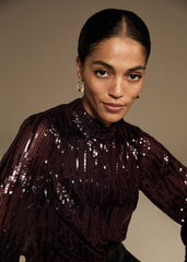 Hannah High Neck Sequin Top Burgundy