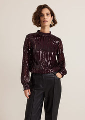 Hannah High Neck Sequin Top Burgundy