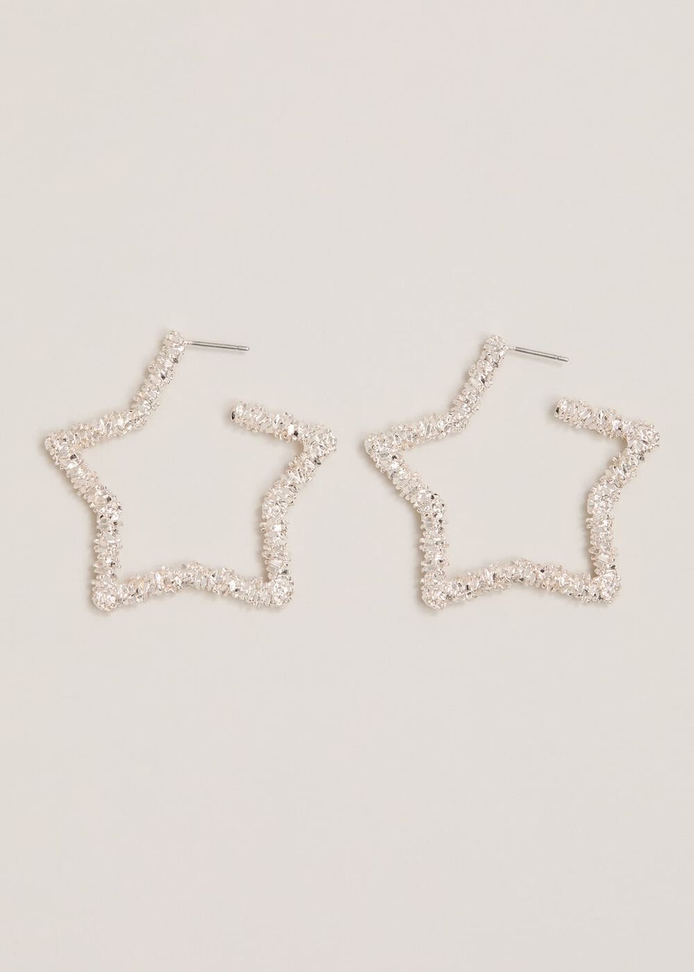 Silver Textured Large Star Hoop Earrings Silver