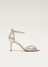 Silver Leather Open Toe Heels Silver