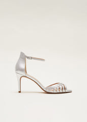 Silver Leather Open Toe Heels Silver