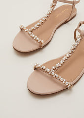 Leather Jewel Trim Flat Sandal Neutral