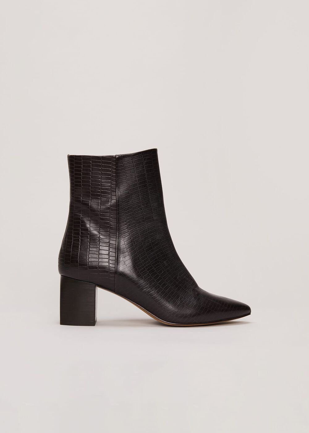 Black Leather Croc Print Ankle Boots Brown