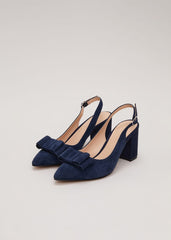 Bow Front Slingback Block Heel Shoes Navy