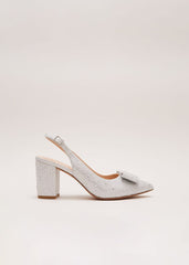 Embellished Bow Block Heel Slingback Silver