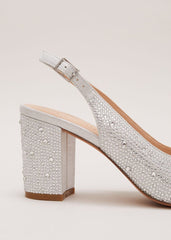 Embellished Bow Block Heel Slingback Silver