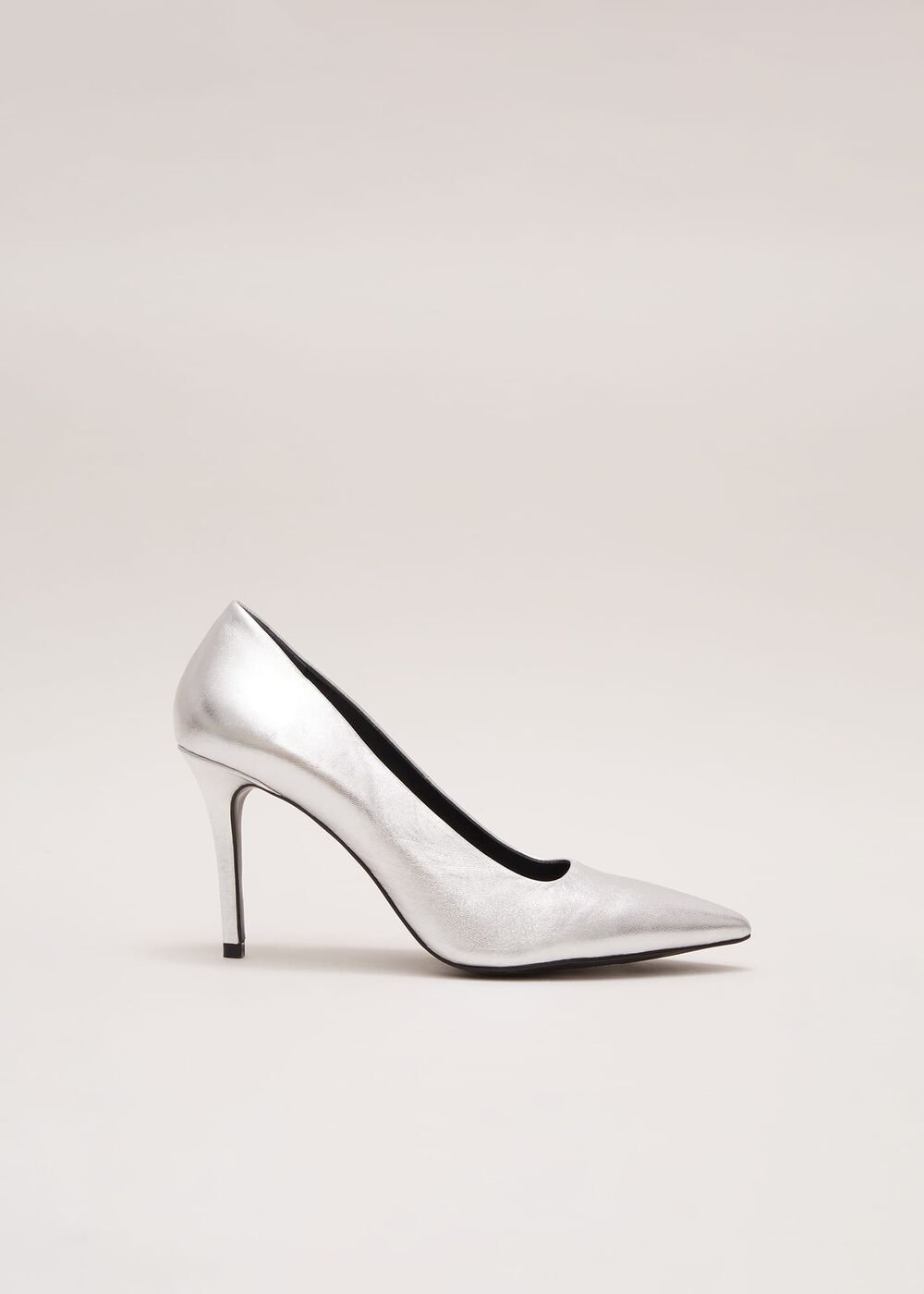 Silver Leather Pointed Court Shoes Silver