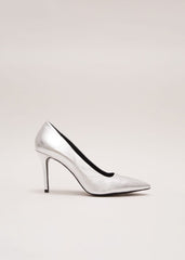 Silver Leather Pointed Court Shoes Silver