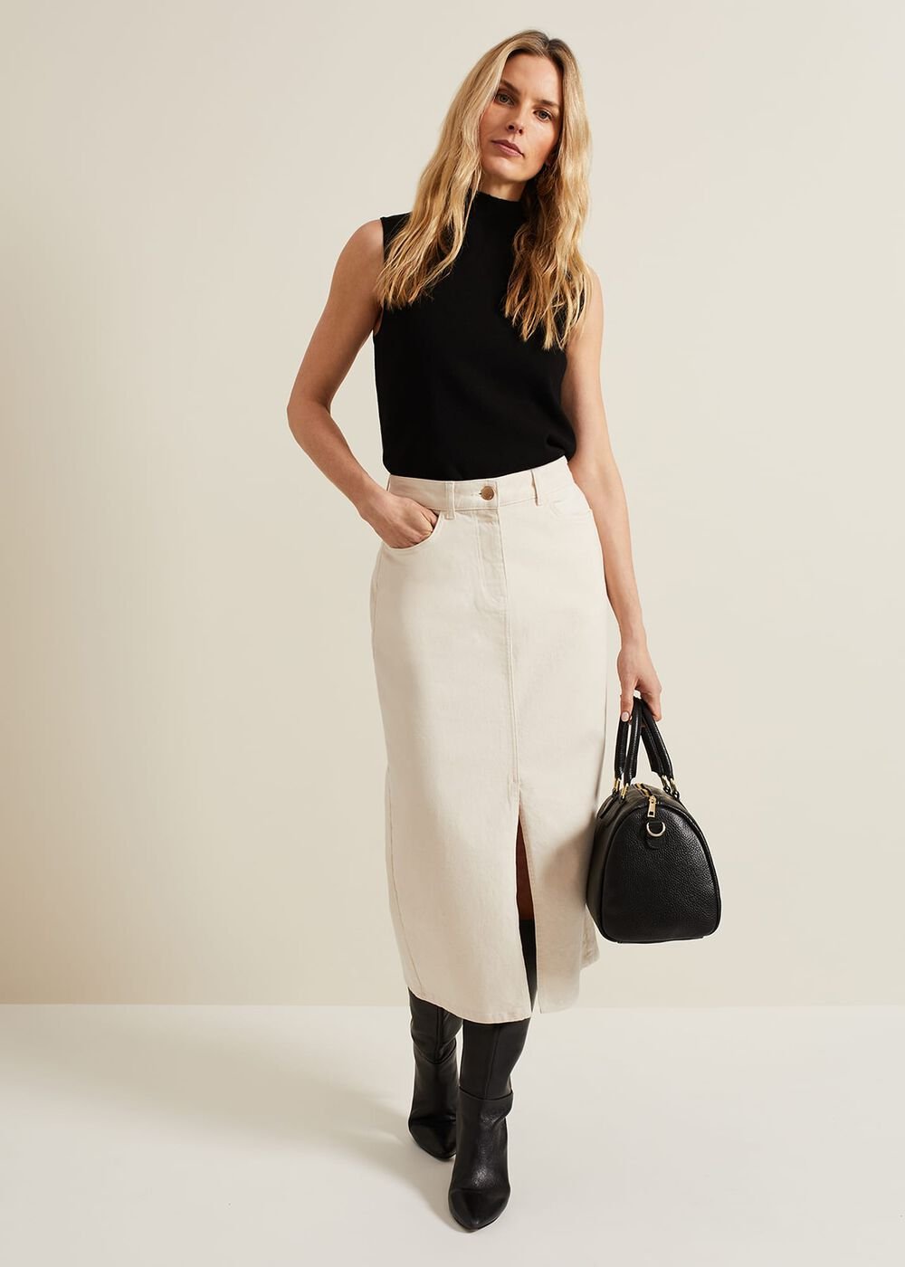 Amani Ecru Denim Midi Skirt Natural
