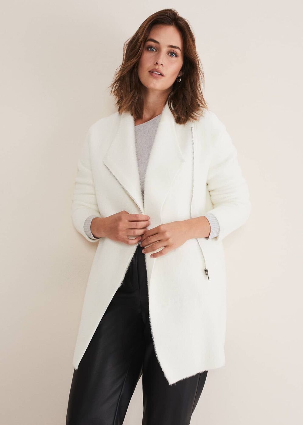 Fia Fluffy Zip Knit Coat Winter White