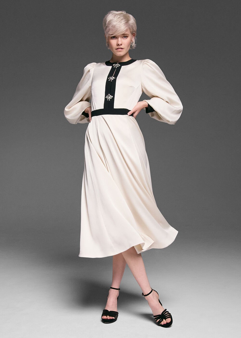 Elizabeth Embellished Puff Sleeve Midi Dress Black/Ivory