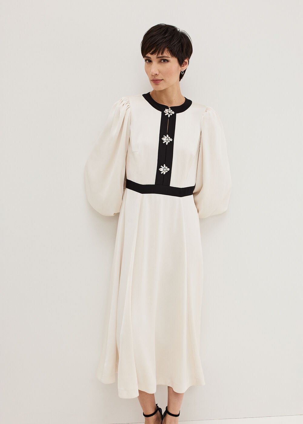 Elizabeth Embellished Puff Sleeve Midi Dress Black/Ivory