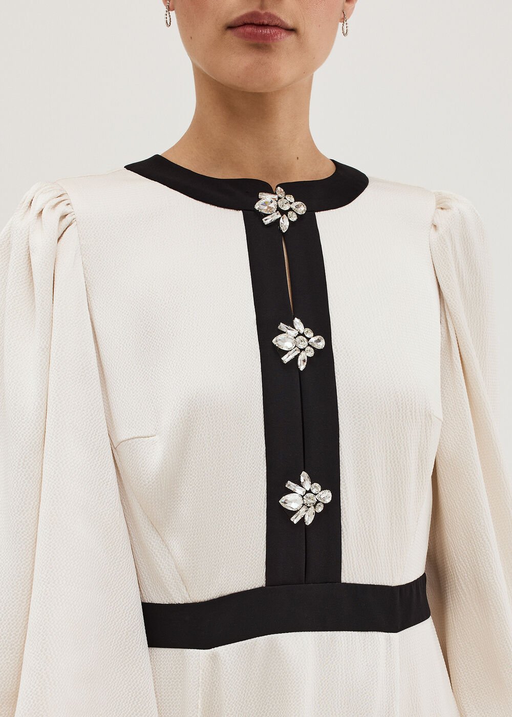 Elizabeth Embellished Puff Sleeve Midi Dress Black/Ivory
