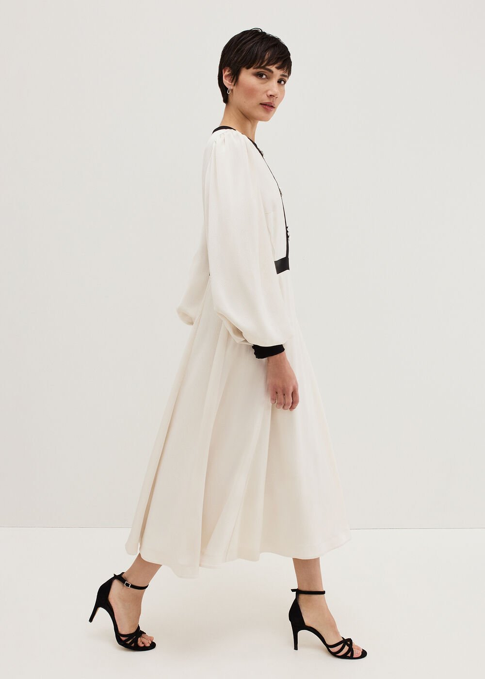 Elizabeth Embellished Puff Sleeve Midi Dress Black/Ivory