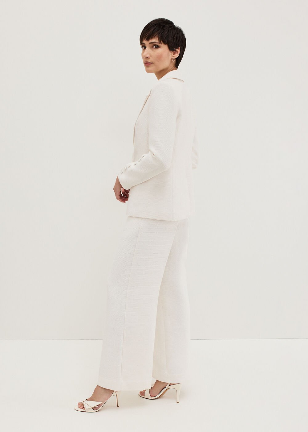 Bridgette Cream Textured Wide Leg Trousers Ivory