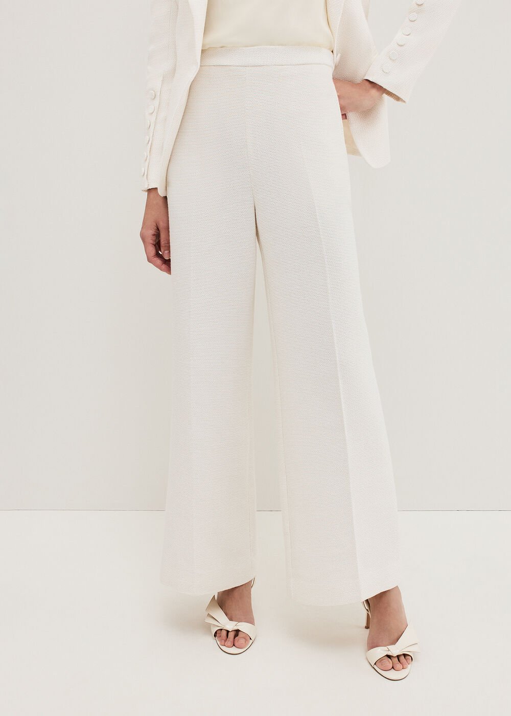 Bridgette Cream Textured Wide Leg Trousers Ivory