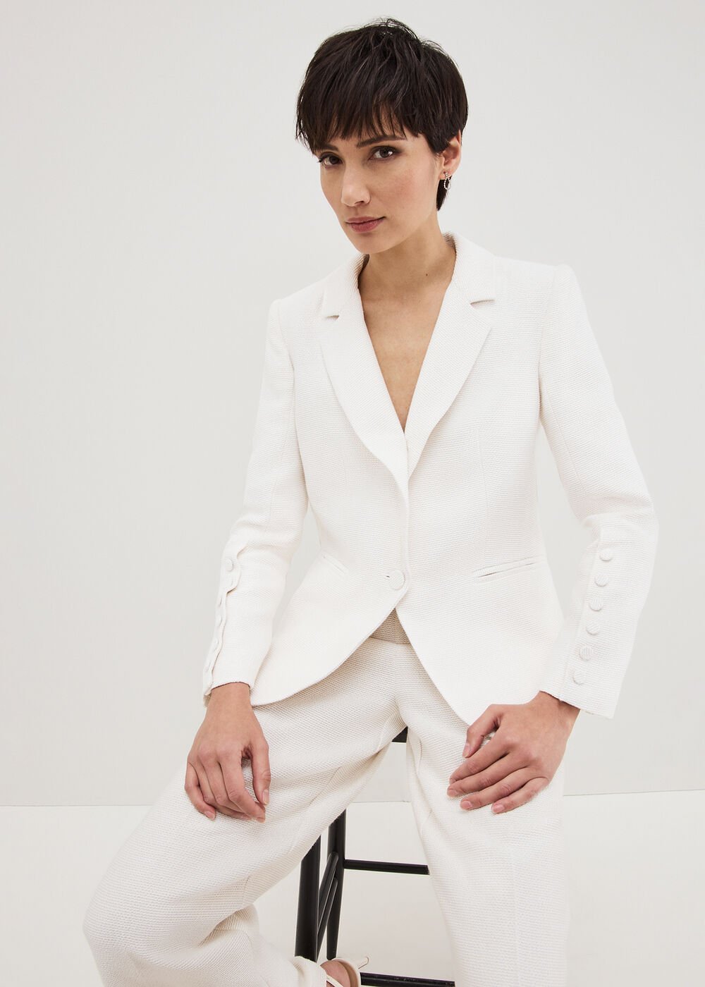 Bridgette Cream Textured Wide Leg Trousers Ivory