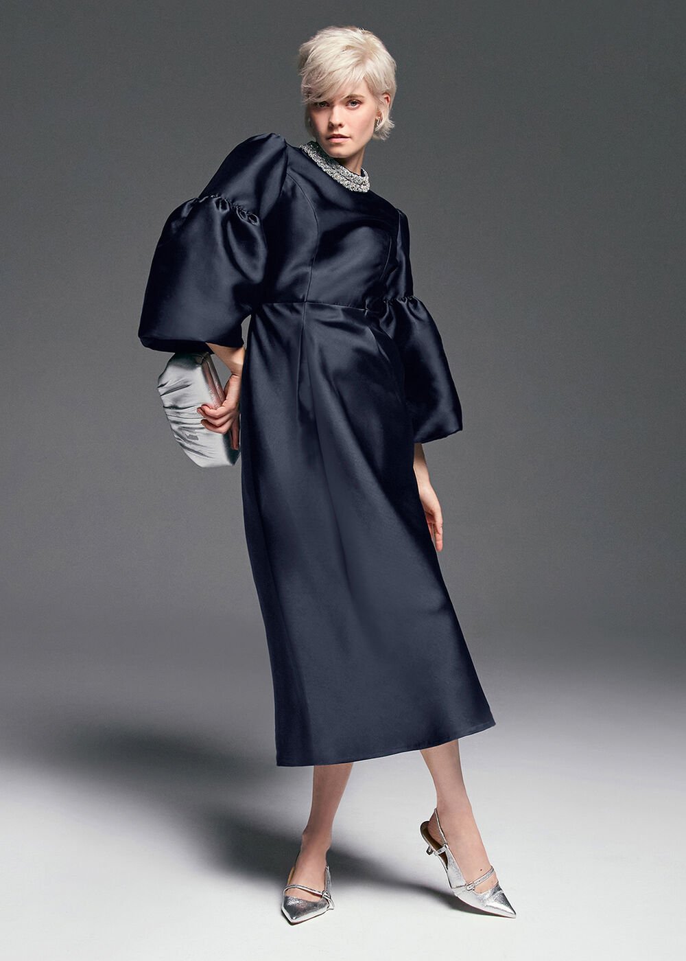 Audrey Jewelled Neck Navy Midi Dress Navy