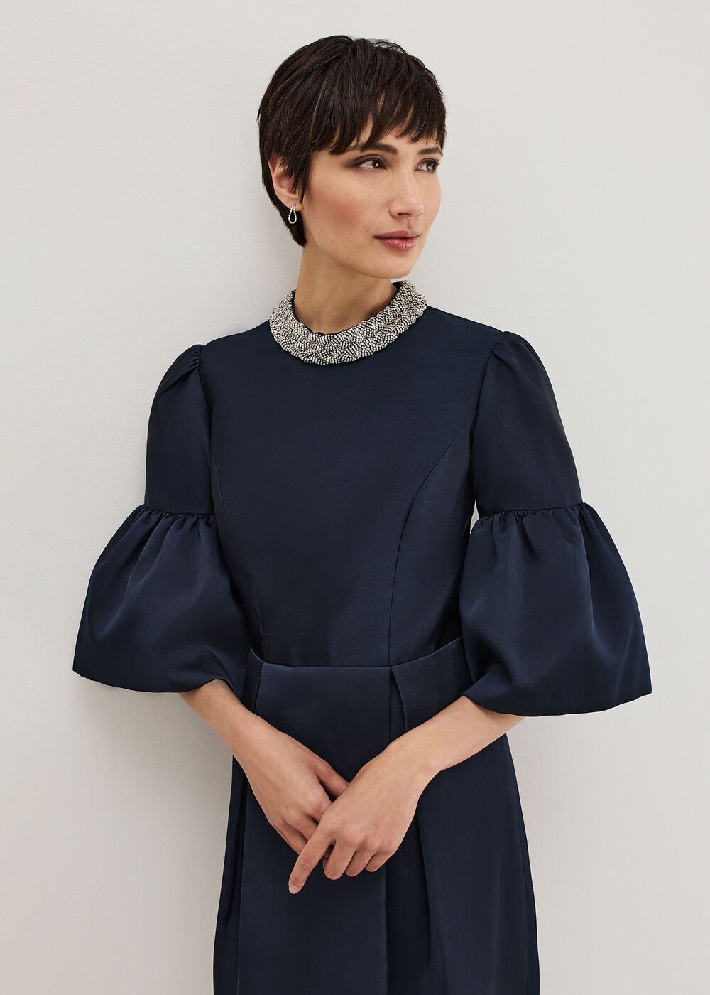 Audrey Jewelled Neck Navy Midi Dress Navy