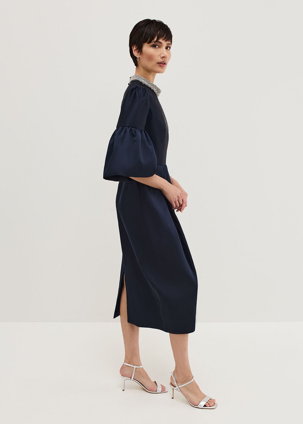 Audrey Jewelled Neck Navy Midi Dress Navy