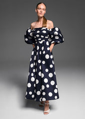 Marilyn Puff Sleeve Polka Dot Maxi Dress Navy
