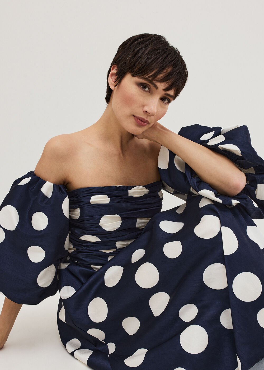Marilyn Puff Sleeve Polka Dot Maxi Dress Navy