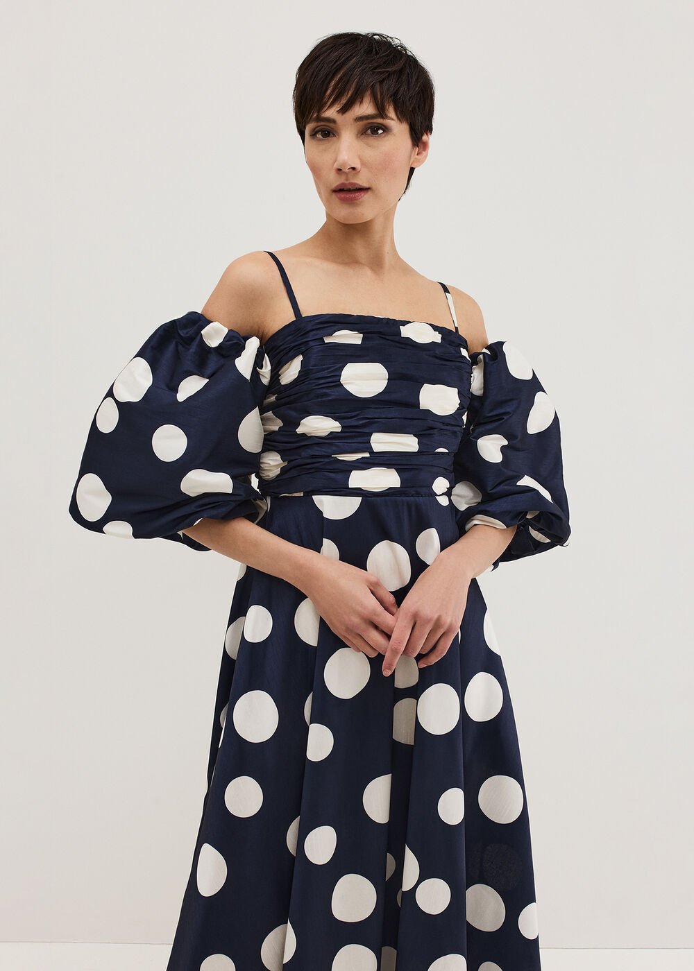 Marilyn Puff Sleeve Polka Dot Maxi Dress Navy