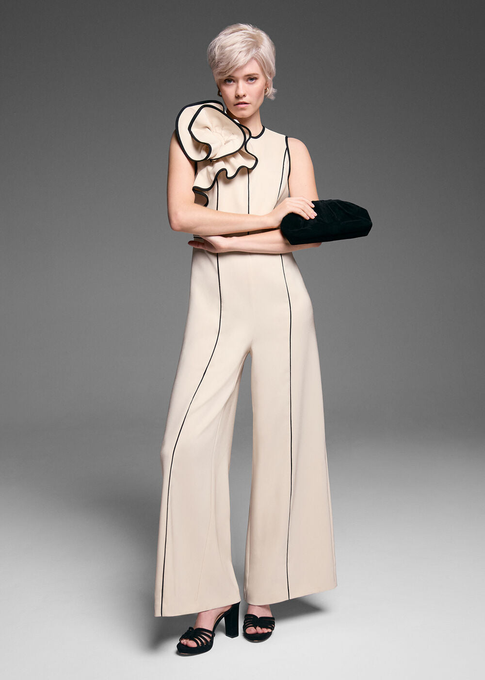Lucille Ruffle Wide Leg Jumpsuit Black/Ivory