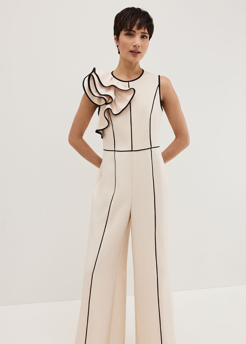 Lucille Ruffle Wide Leg Jumpsuit Black/Ivory