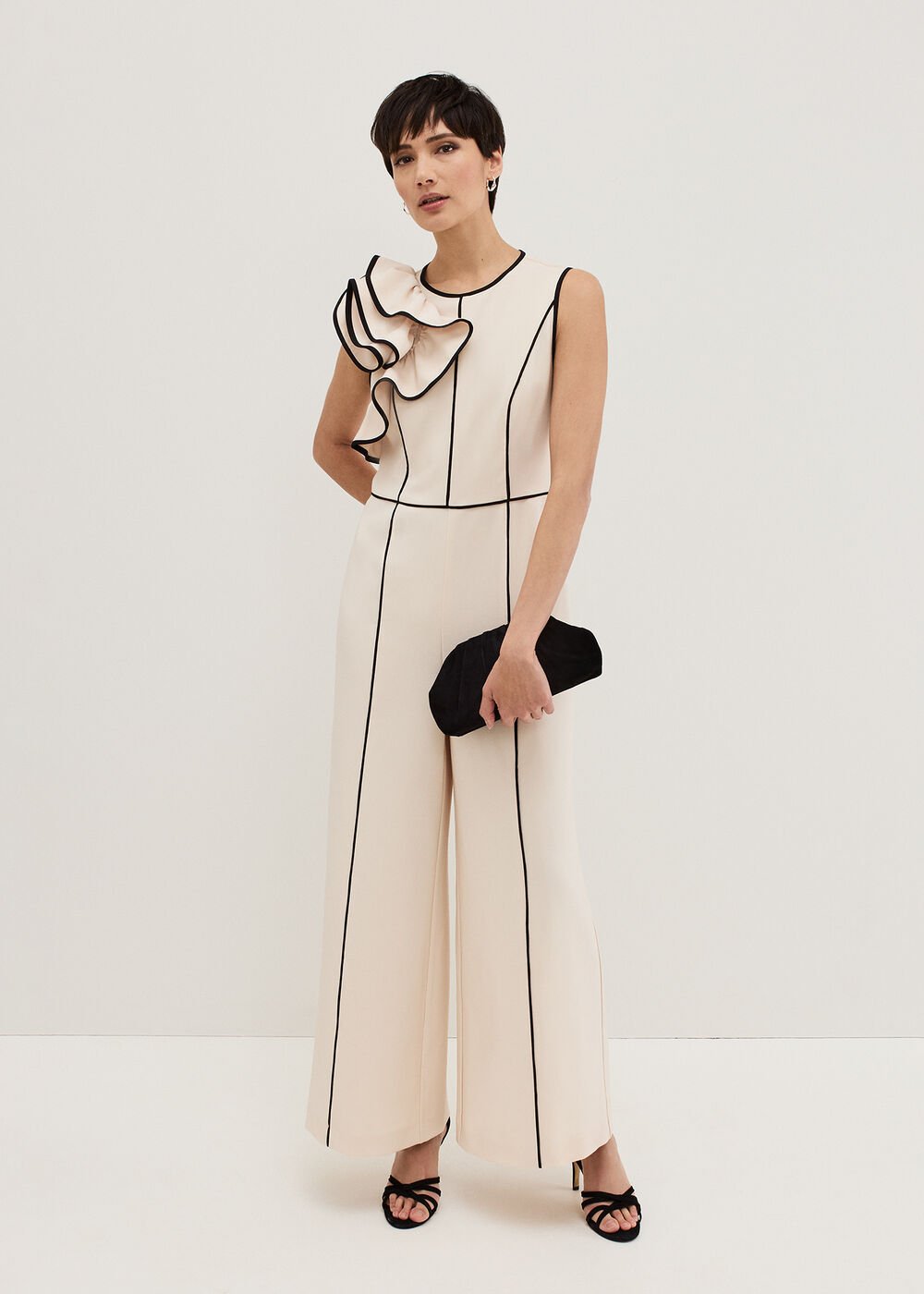 Lucille Ruffle Wide Leg Jumpsuit Black/Ivory