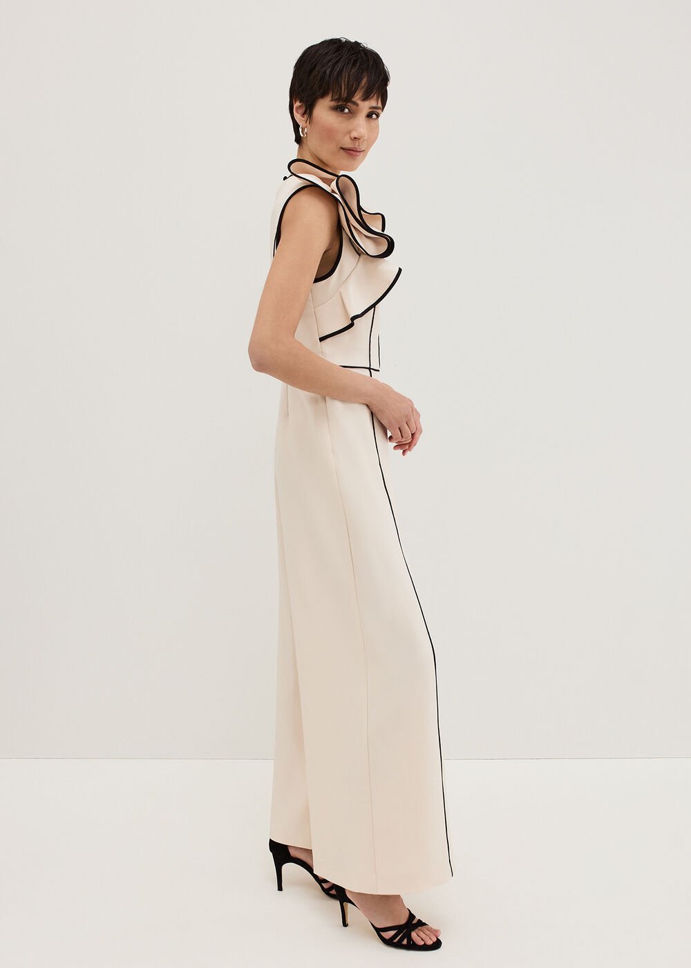Lucille Ruffle Wide Leg Jumpsuit Black/Ivory