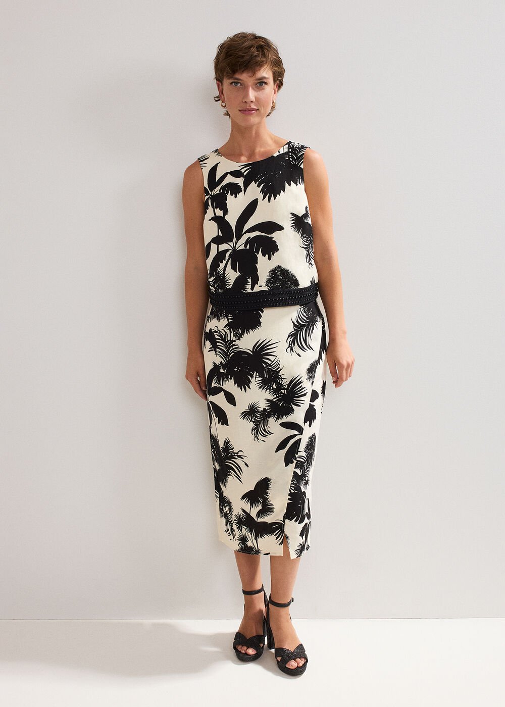 Vittoria Linen Blend Leaf Print Skirt Black/Ivory