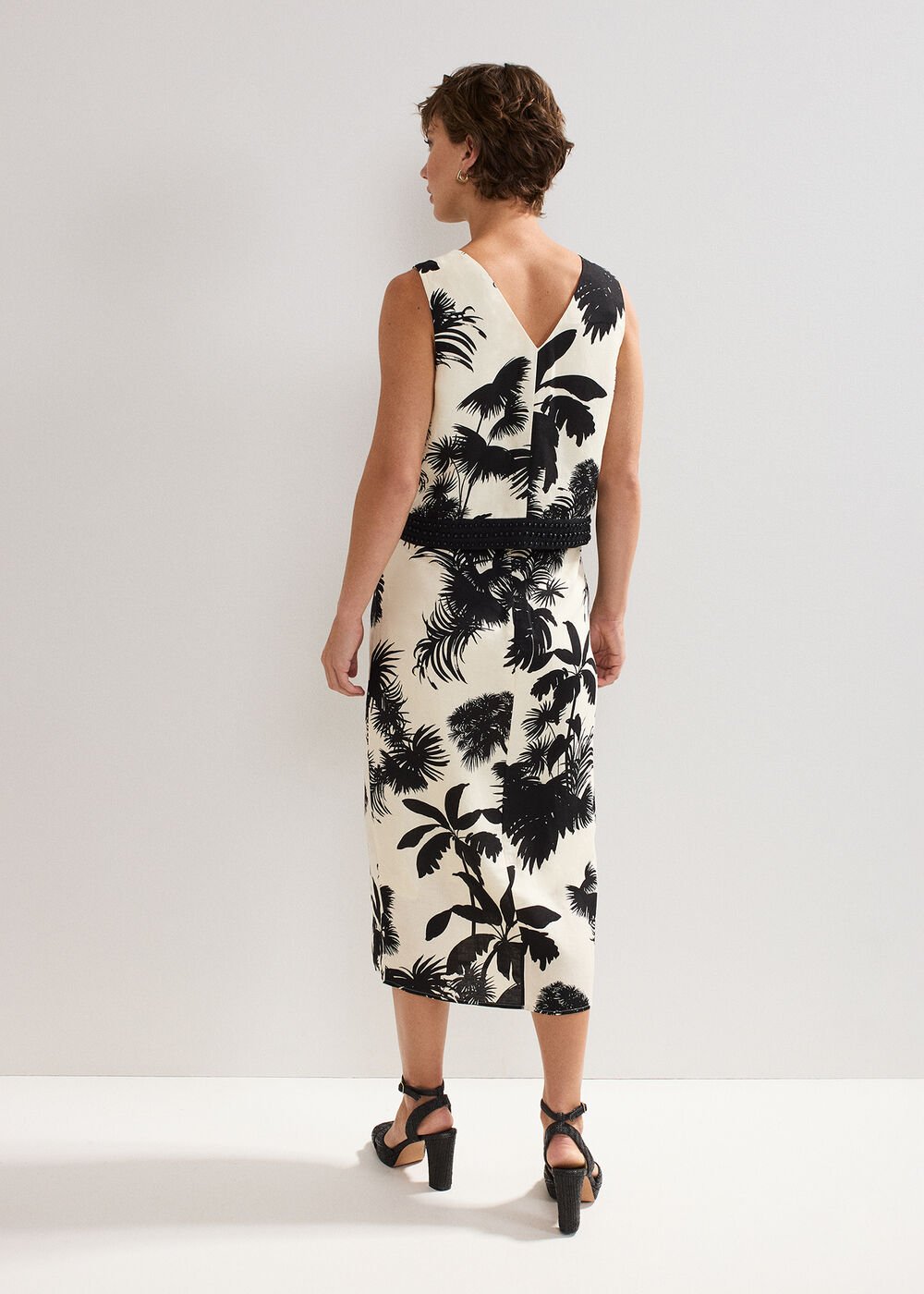 Vittoria Linen Blend Leaf Print Skirt Black/Ivory