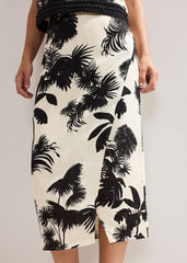 Vittoria Linen Blend Leaf Print Skirt Black/Ivory