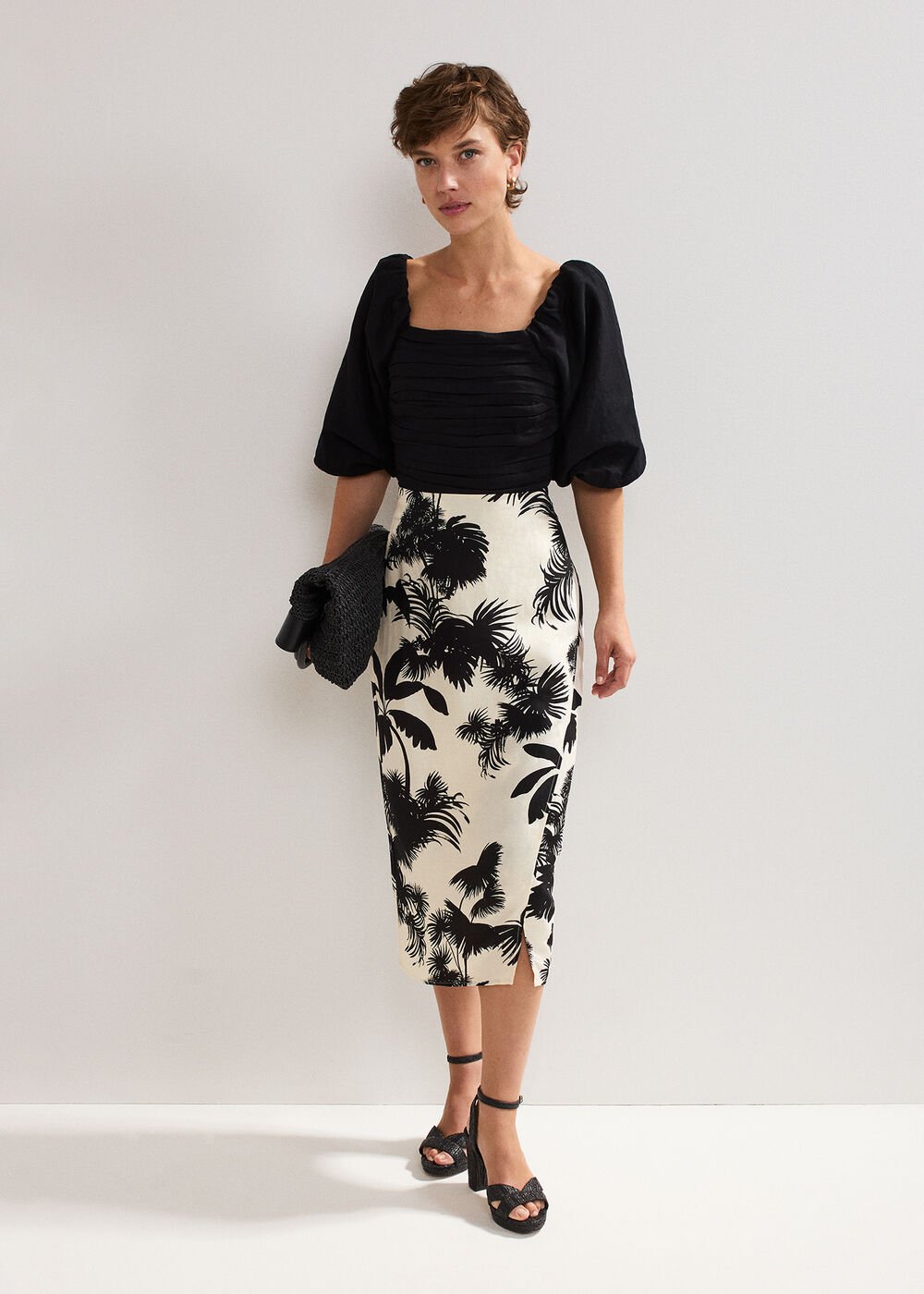 Vittoria Linen Blend Leaf Print Skirt Black/Ivory