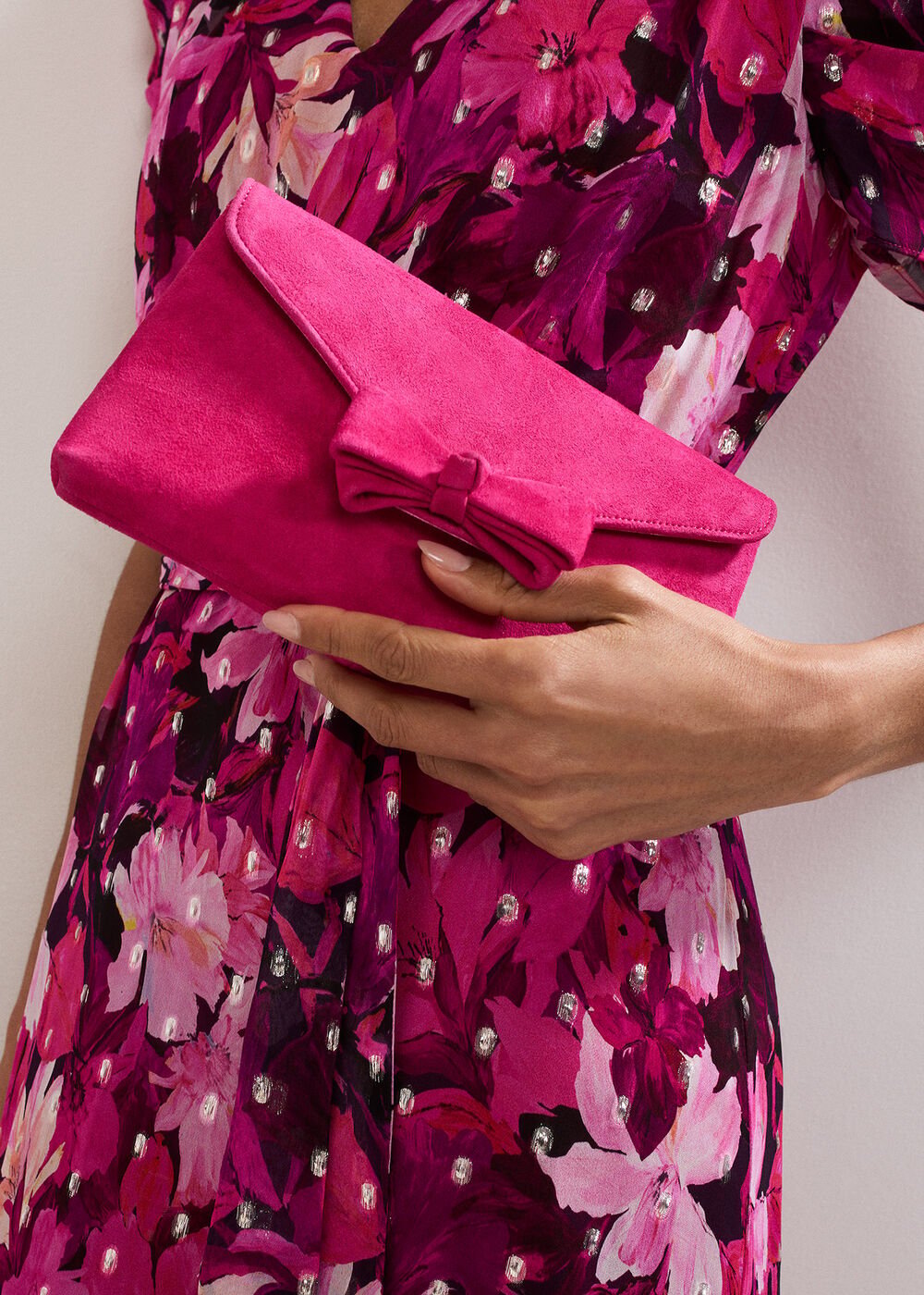 Suede Bow Front Clutch Pink
