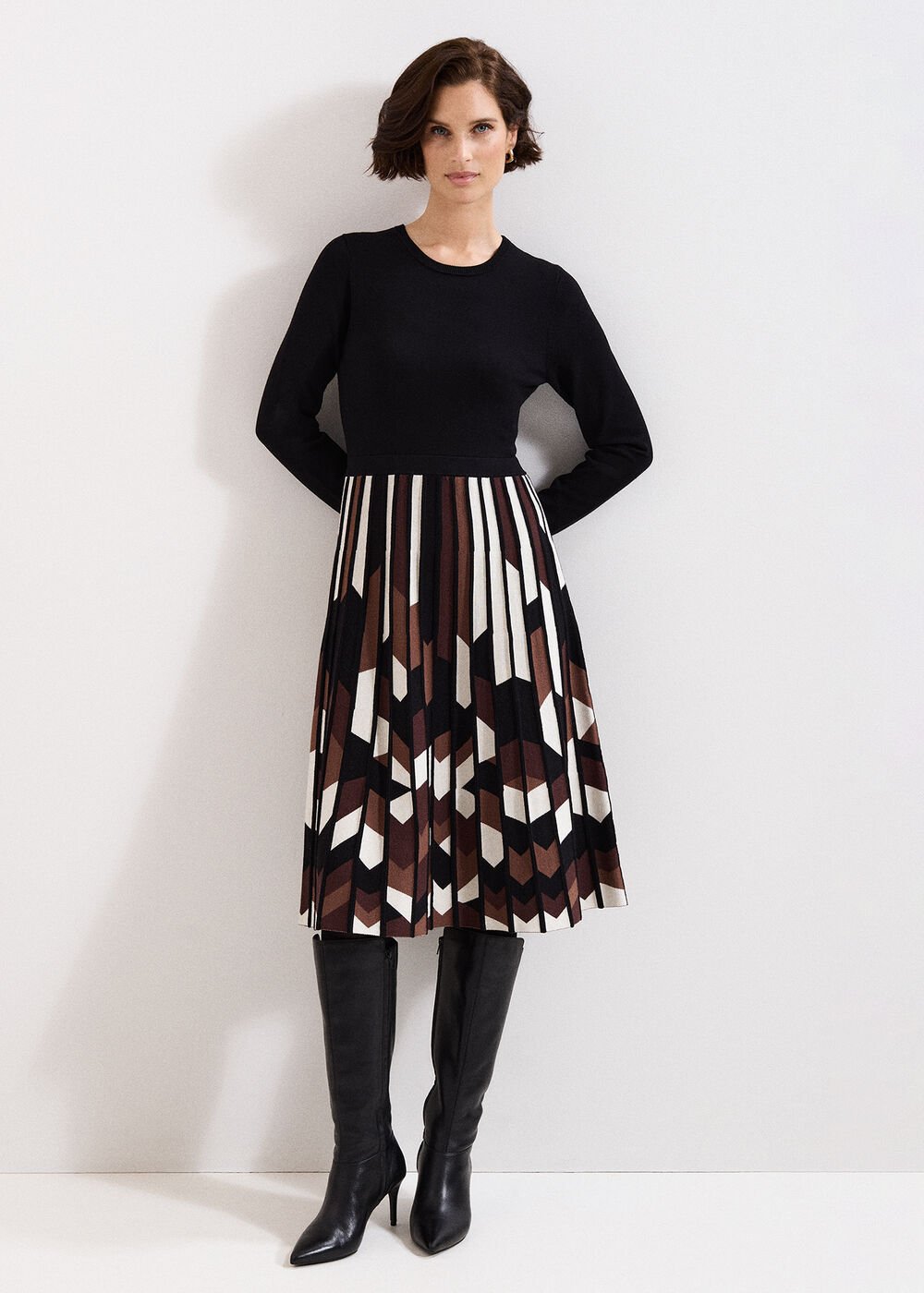 Maci Pleated Knit Dress Brown