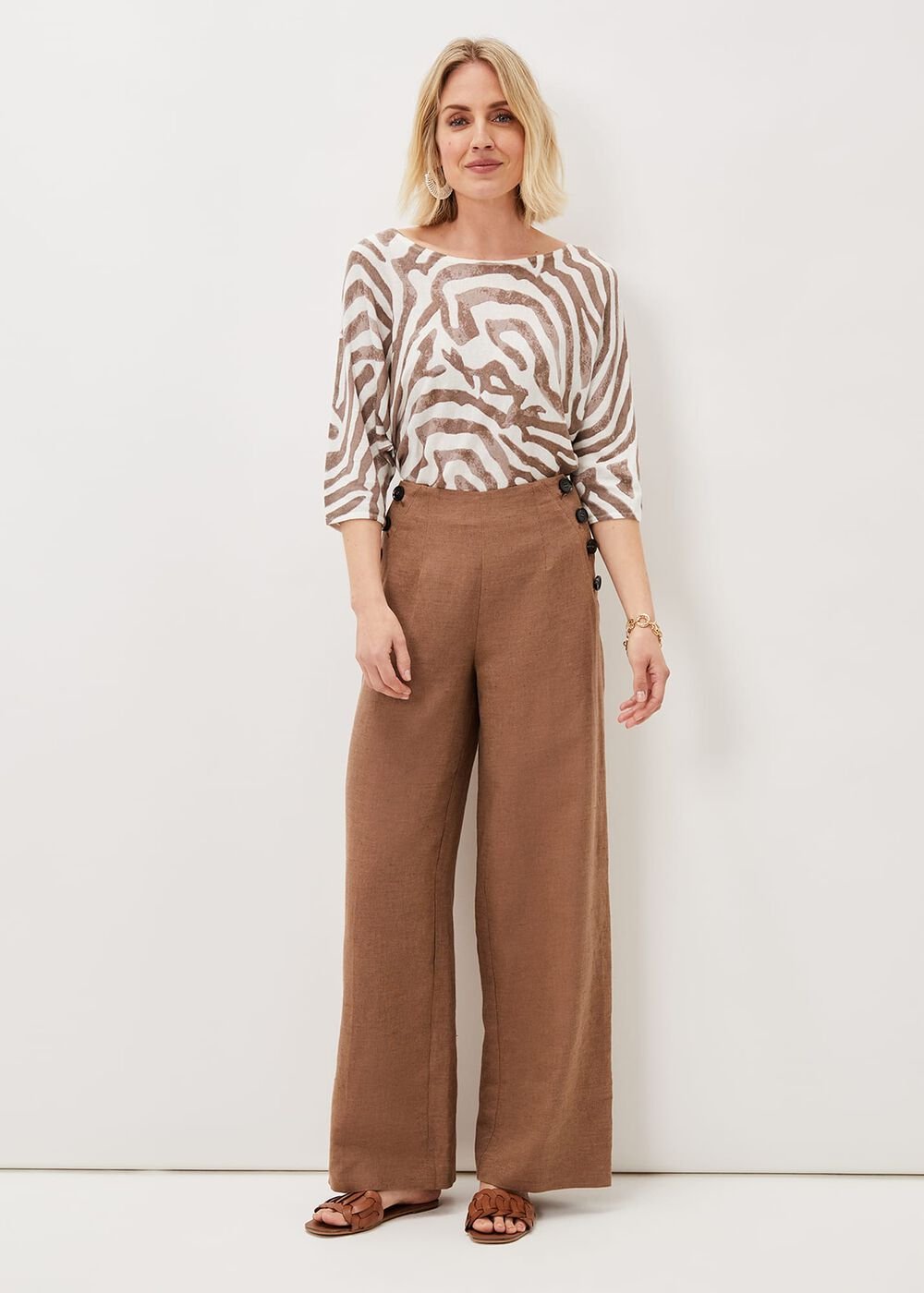 Cassandra Linen Wide Leg Trousers Brown